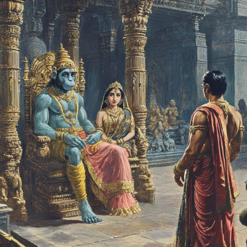 A Beautiful Palace with Kings, Lady, and Hanuman.