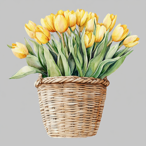 A Beautiful Rattan Basket with Bright Yellow Tulips