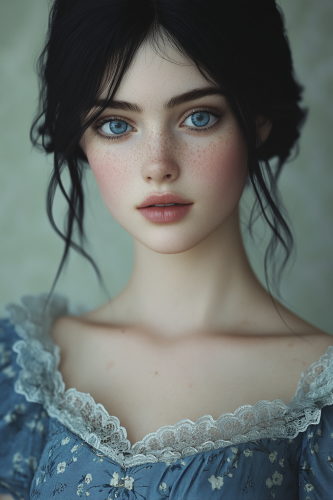 A Beautiful Young Woman in Blue Victorian Dress