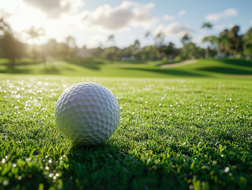 A Big Golf Ball on a Tee with Scenic Golf Course Background