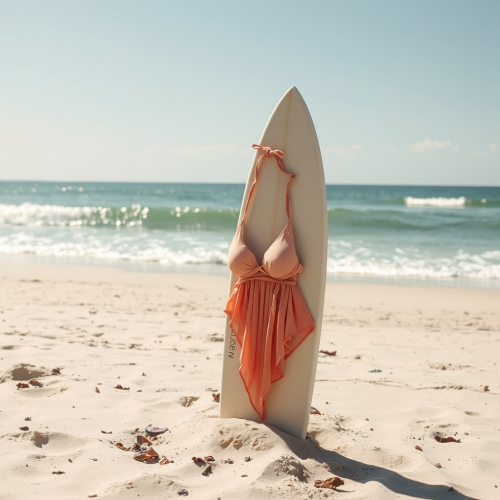 A Bikini Top on Surfboard at Beach A Bikini Top on Surfboard at Beach