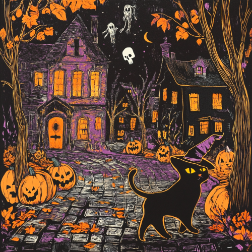 A Black Cat in Witch's Hat on Halloween Street