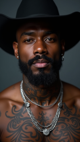 A Black Cowboy with Intricate Neck Tattoos
