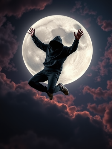 A Black Figure Floating in a Cosmic Sky