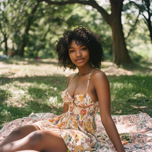 A Black Girl in Sundress Poses in Park