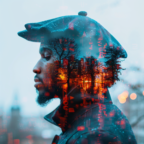 Double Exposure Image of Black Male Graduate in University Campus