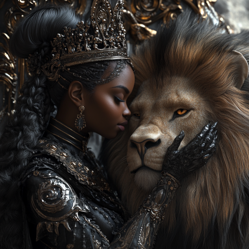 A Black Queen petting her Pet Lion in 8k. A Black Queen petting her Pet Lion in 8k.