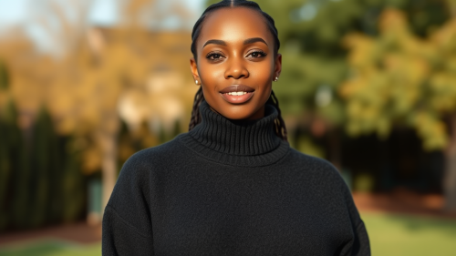 A Black Woman Modelling a Black Sweater Outdoors