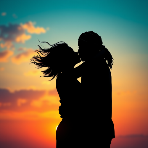 A Black couple kissing on sunset beach silhouette.