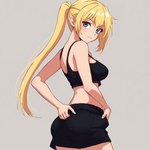 A Blonde Girl in Black Tank Top and Shorts