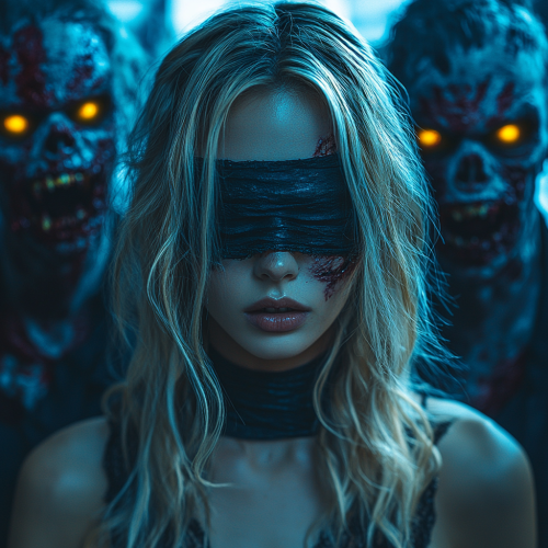 A Blonde Woman Surrounded by Zombies at Night.