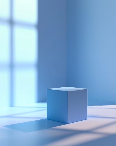 A Blue Desk with Cube and Studio Light
