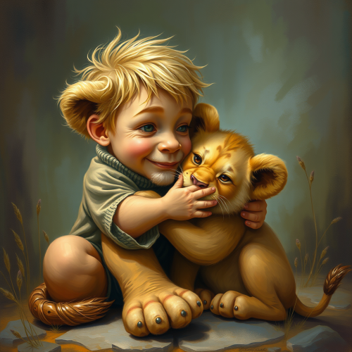 A Boy Embracing a Baby Lion in Fantasy Art