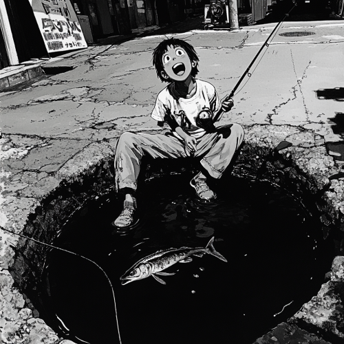 A Boy Fishing in Small City Pothole, Smiling
