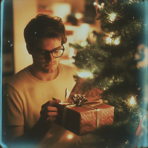 A Boy Opens Christmas Presents in 80s Photo