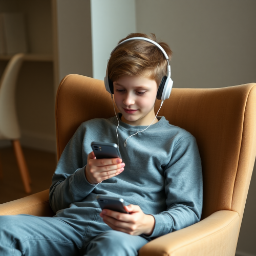A Boy Sitting on Chair with Phone and Headphones. A Boy Sitting on Chair with Phone and Headphones.