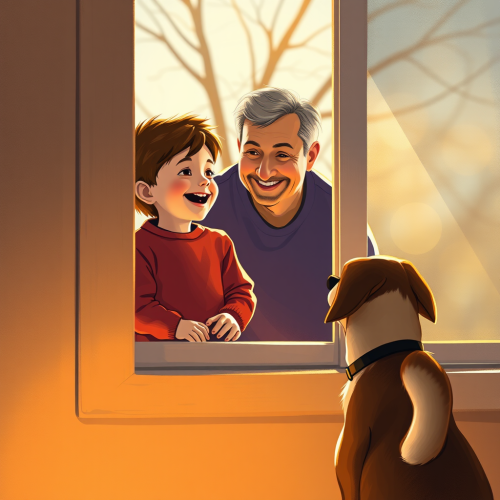 A Boy and His Father Enjoying Evening with Dog