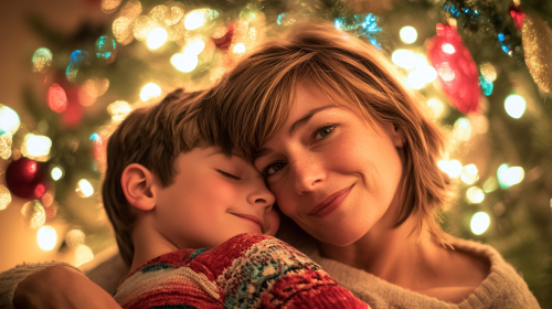 A Boy and His Mother Smiling at Christmas