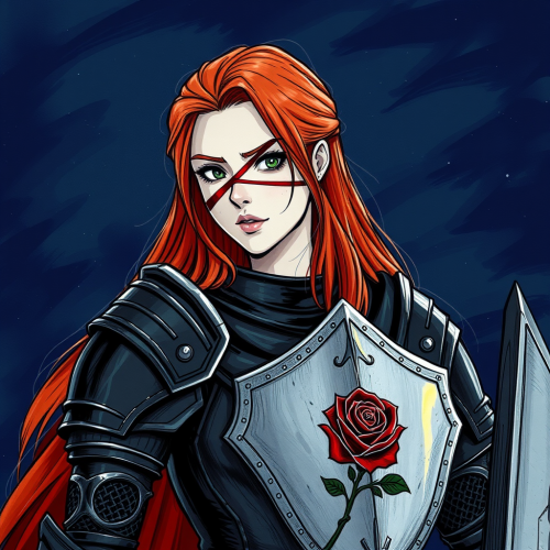 A Brave Female Knight with Red Rose Armor