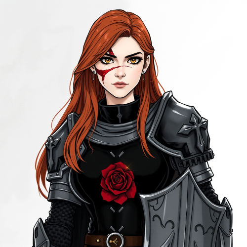 A Brave Female Knight with Red Rose Armor
