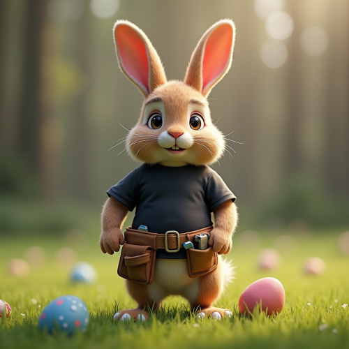 A Brown Easter Bunny with Tool Belt on Grass