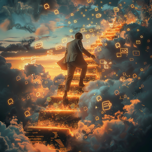 A Businessman Climbs Glowing Digital Marketing Stairs