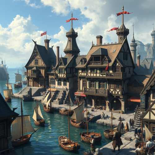 A Bustling Medieval Port City with Knights