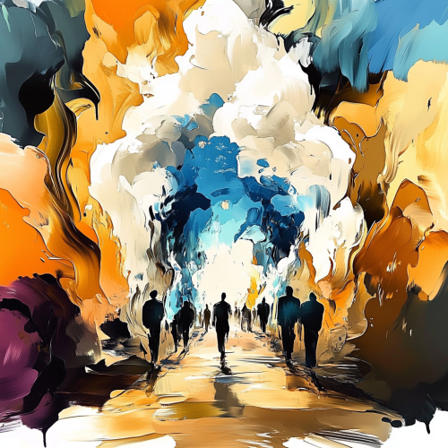 A Busy Walkway to Heaven with Gold and Blue