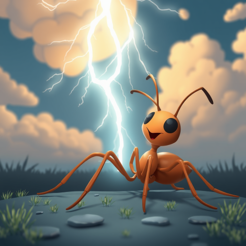 A Cartoon Ant Struck by Lightning in Sky