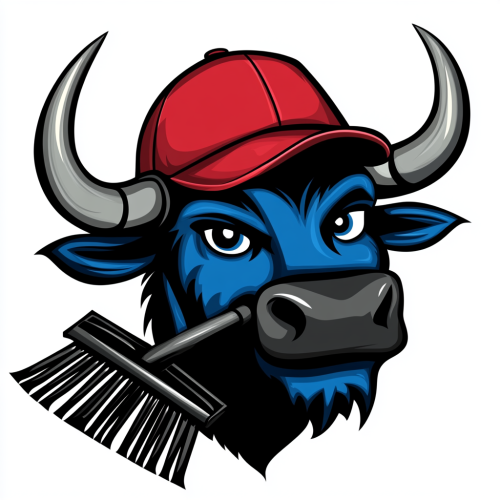 A Cartoon Bull Holding a Blacktop Rake Logo