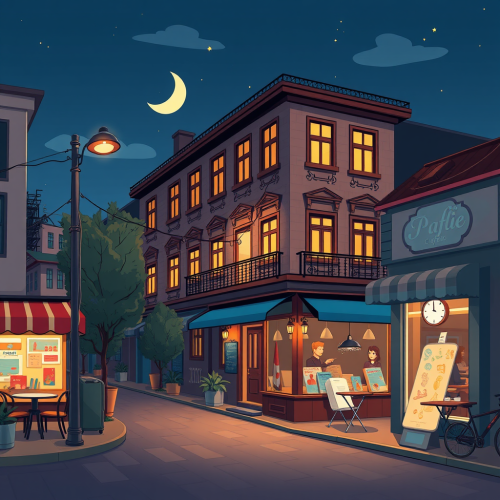 A Cartoon Cafe in the Night Street