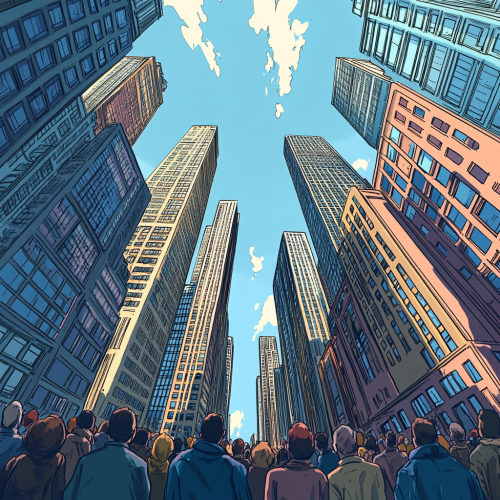 A Cartoon City with Crowds and Skyscrapers