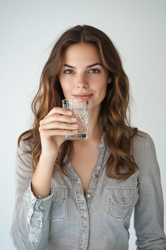 A Caucasian woman posing for water campaign photoshoot