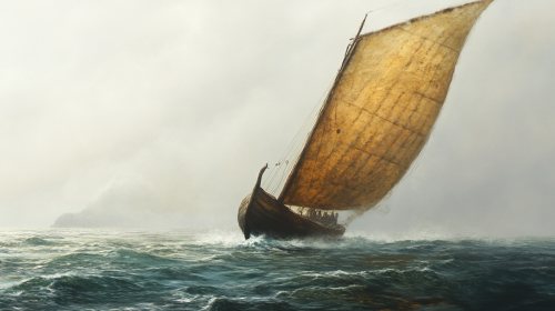 A Celtic ship sails on misty rough sea.