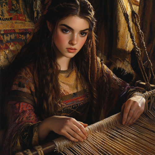 A Celtic woman weaving a silk garment.