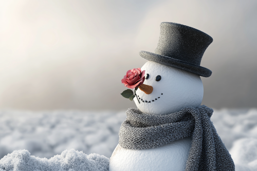 A Charming Snowman with Rose in Winter Landscape