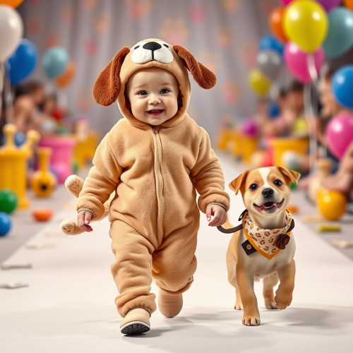 A Cheerful Baby and Puppy on Toy-filled Runway