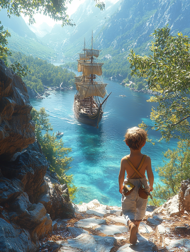 A Child Boy Walking to Ship on Water