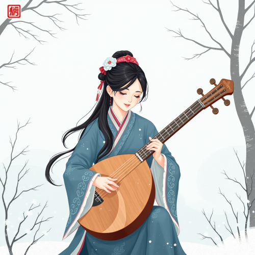 A Chinese Girl Playing Guqin in Winter