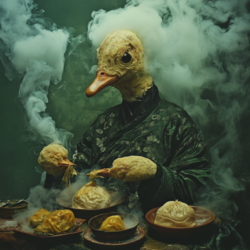 A Chinese bun creature with a mandarin duck