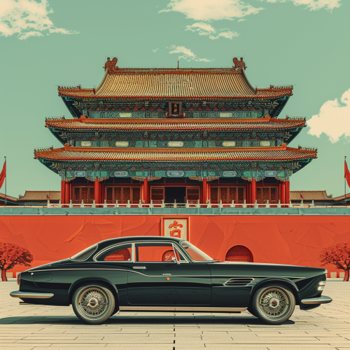 A Chinese-style building with a car poster