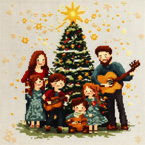 A Christmas Guitar Family by the Tree
