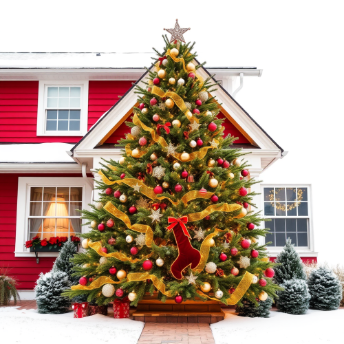 A Christmas House Against Red and White Backdrop
