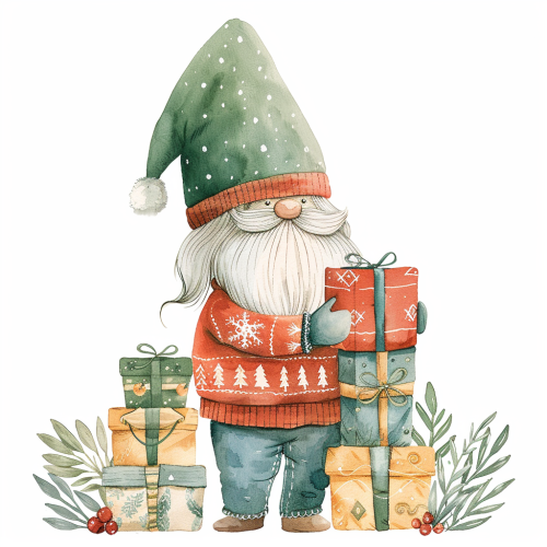 A Christmas gnome in red sweater holds presents