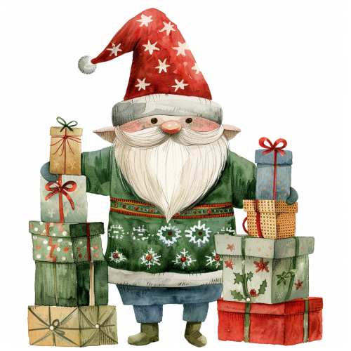 A Christmas gnome with presents in watercolor style