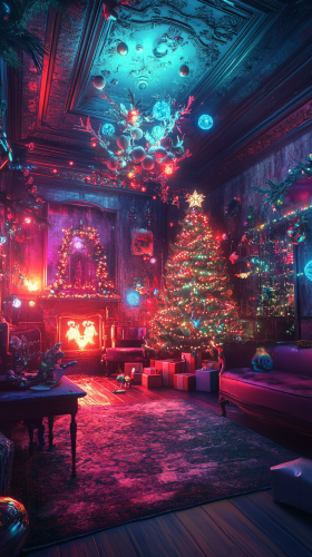 A Christmas room with red colors and monsters.