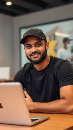 A Confident Indian Man Sitting with Laptop
