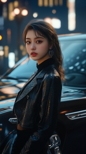 A Confident Japanese Woman with Luxury Car