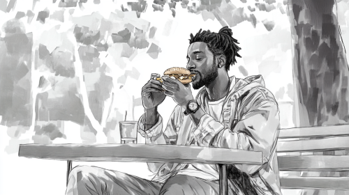 A Cool Guy Eating Chicken Burger in Urban Park