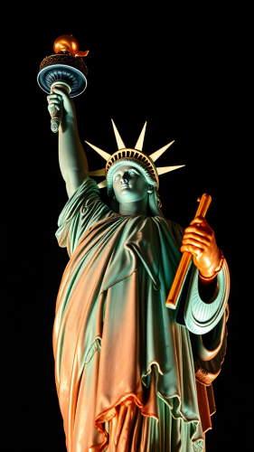 A Copper Statue of Liberty shines brightly
